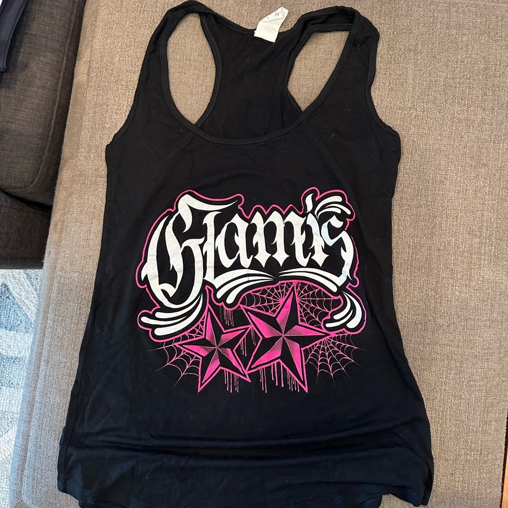 Black Tank Top with Pink Star Design, Glamis Sand Dunes